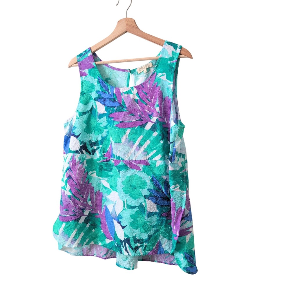 Escape Habitat Clothes Sleeveless Tropical Floral Top Teal Purple Large Vacation